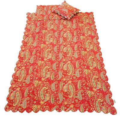 Lot #10 - Chandler Collection Pinky-Red Paisley Quilted Coverlet & Matching Pillow • Scalloped Edges • Boho Cottage Bedding