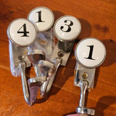 #62 - Set of 4 Pottery Barn Numbered Enamel Wall Hooks • French Style Porcelain Knob Hooks • Entryway Organizers