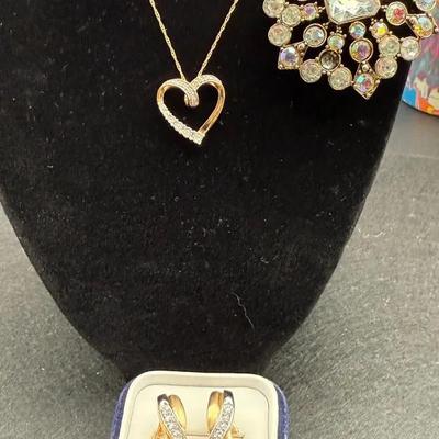 Vintage Lot Of Diamond Earrings & Heart Necklace, Brooch 