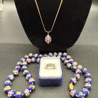 Vintage Cloisonné Beaded Necklace & Blue Enamel Egg Pendant & Vintage Vermeil Ring