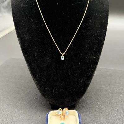 14kt Ring, Earrings & Necklace - Topaz, Aquamarine 