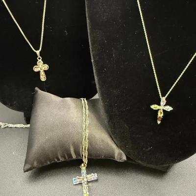 3 Sterling Silver Cross Necklaces With Swarovski Crystal