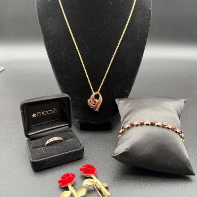 10kt Gold Eternity Band & 14kt Floating Heart Of Rubies Necklace Plus Brooches!