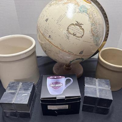 World Classic Globe, Marble Cubes, Stone Ware Crock And Harley Davidson Coffee Cup