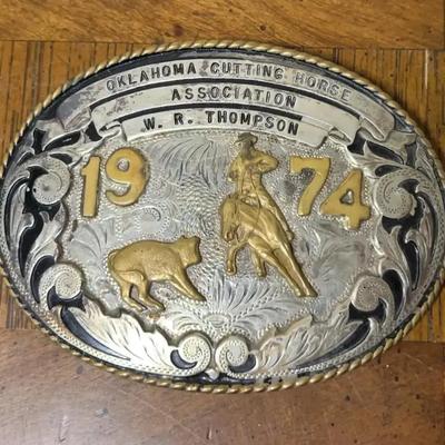 Vintage 1974 OK Cutting Horse Assoc sterling silver belt buckle by Comstock Silversmiths. tw 4 oz