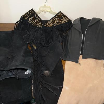 Women’s Chaps, Leather Pants, Size 10 Large, Fringe Shoulder Cover, Leather Jacket And Men’s Chaps