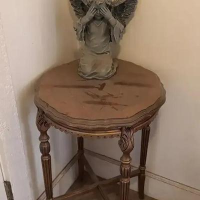 Wood Accent Table / End Table And Praying Angel