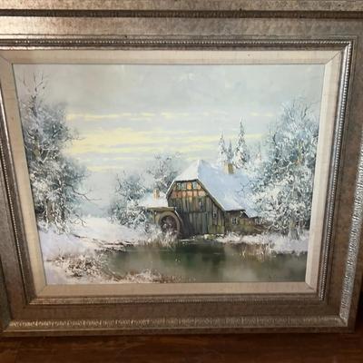 Willi Bauer Winter Landscape Painting in Frame – 2.9F L 2.5F W
