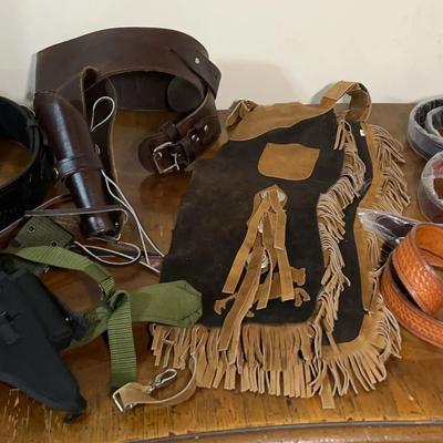 Gun Holsters, Leather Chaps, and Belts (No Buckles)