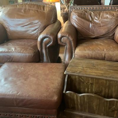 Two Leather Armchairs with Ottoman and End Table / Side Table