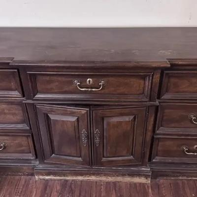Wood Bedroom Dresser with Brass Pulls and Center Cabinet 73x32x19