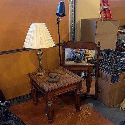 Brass Table Lamp, Carved Wood End Table, Black Metal Floor Lamp, Wood Mirror, Vintage Iron Weight