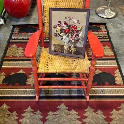 Maroon Bear Themed Rug, Charming Woven Wooden Rocking Chair And Floral Crosstitch 