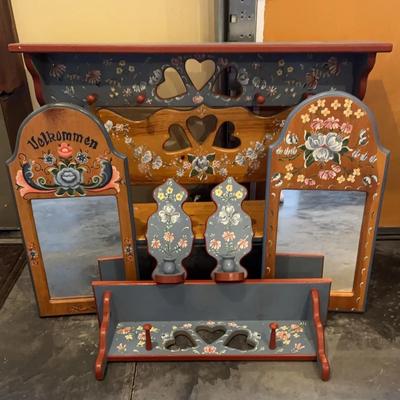 Beautiful Hand Painted Rosemaling Decor: 2 Mirrors, 2 Shelves w/ Shaker Pegs, 2 Sconces, Doll Bench