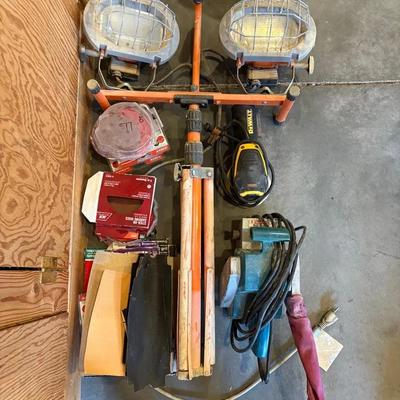 Dewalt Palm Sander, Makita Belt Sander, HDX Shop Lights, Sandpaper