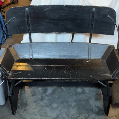 Antique Horse Buggy Seat Bench, Black Painted Wood With Iron Accents 