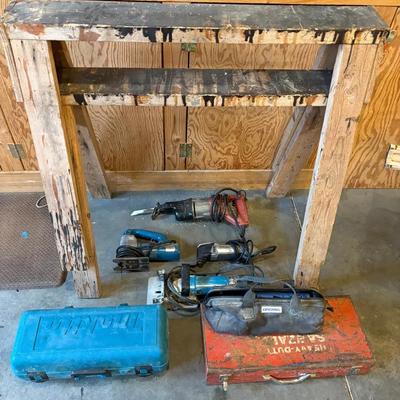 Bosch Jigsaw, Dremel Multi-Max Oscillating Tool, Makita Plate Joiner, Milwaukee Sawzall, Sawhorses