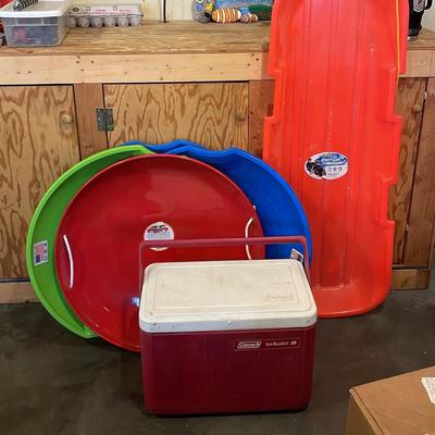 Lot of 5 Sleds and Coleman Ice Basket 
