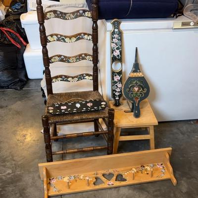Lot Of 5 Hand Painted Rosemaling Decor Items & Small Unpainted Wood Stool
