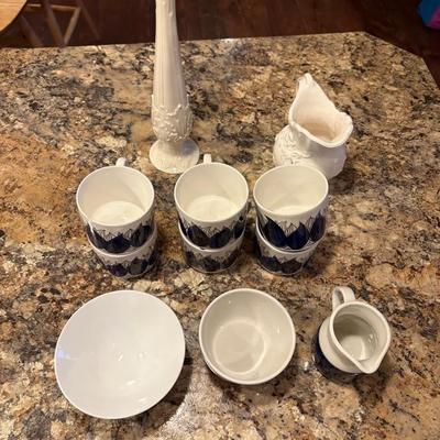 Rorstrand Tea Cups And Cream Pitcher, Lennox Pitcher And Candle Stand