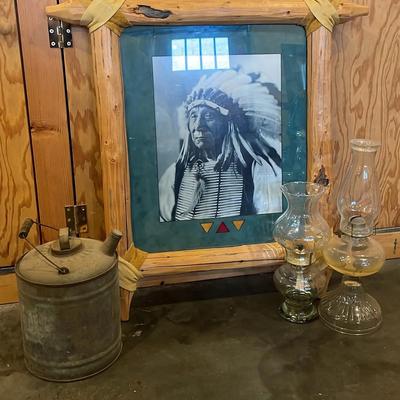 Indigenous Framed Photograph Vintage Gas Lamps and Watering Can 