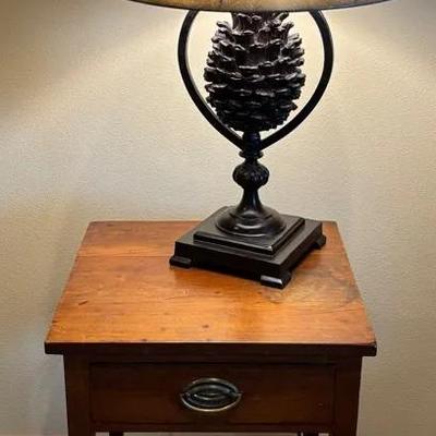 Wooden Nightstand & Pine Cone Lamp