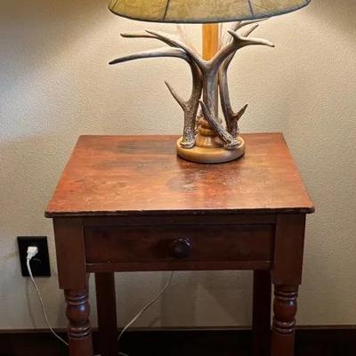 Wooden Night Stand & Antler Lamp