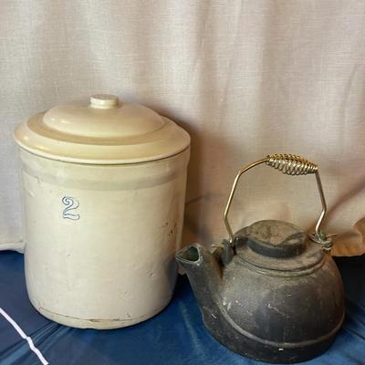 Stoneware 2Qt Crock and Cast Iron Teapot 