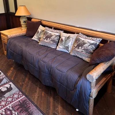 Wooden Fold Out Couch W/ Wooden Side Table & Decorative Lamp