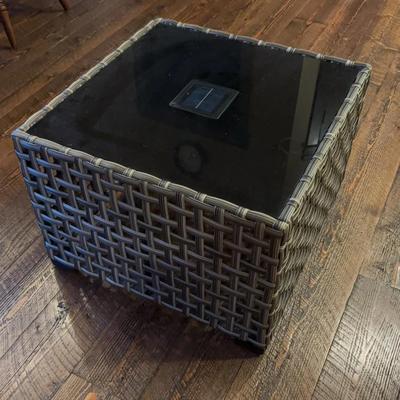 Woven Plastic Patio Table With Glass Top And Solar Light In Center