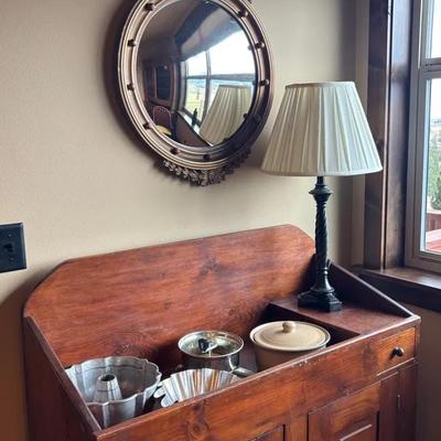 Antique Dry Sink Cabinet, Bakeware (Bundt Pan), Lamp, & Decorative Mirror
