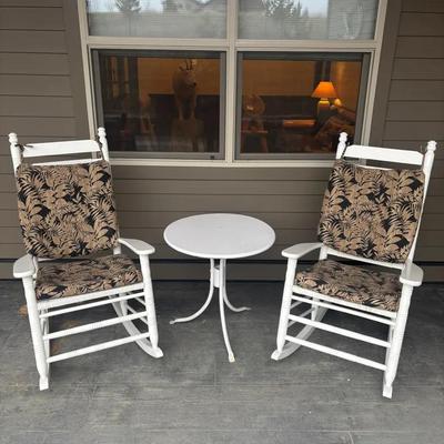 2 Cracker Barrel Rockers W/ Cushions & Metal Table