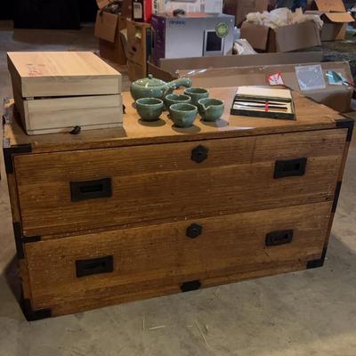 Stunning Japanese Tansu With 2 Drawers, Set Of 3 Letter Openers In Fabric Box, & Tea Set w/ Wood Box