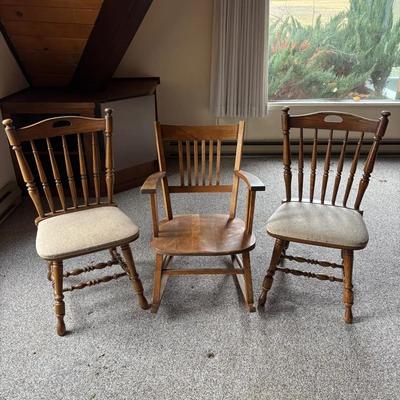Wooden Rocking Chair & Two Wooden Paded Dining Chairs
