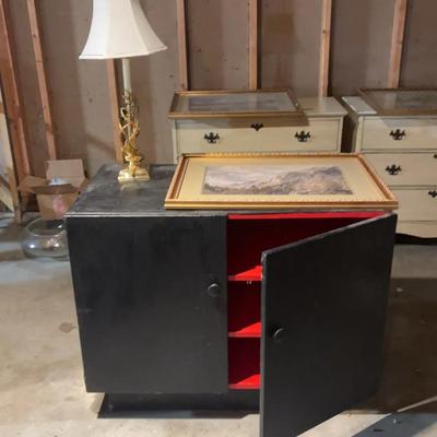 Black Painted Wood Cabinet With Red Interior, Vintage Leviton Brass Lamp & Framed Montana Art