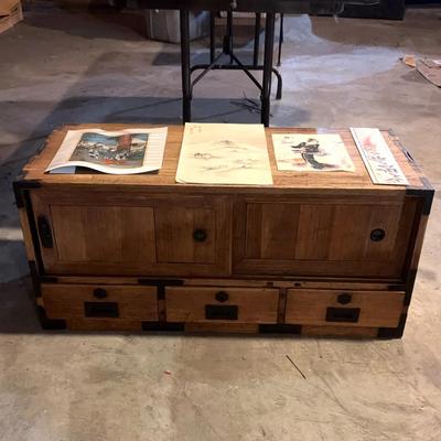 Gorgeous Japanese Tansu With 3 Drawers & Slide Open Cupboard, Plus 4 Unframed Pieces Of Art