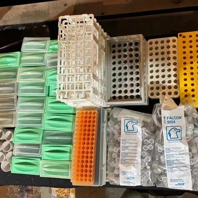 Lot Of 25 Plastic Test Tube Holders (Varying Styles), Polystyrene Test Tubes, 36 Porcelain Filters