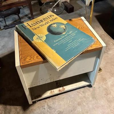 Rolling Storage Chest, Hammond’s New World Atlas & Brass Lamp Stand