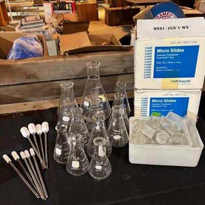 Lot Of 12 Glass Flasks, Glass Stoppers, Metal Stirring Rods And Micro Slides