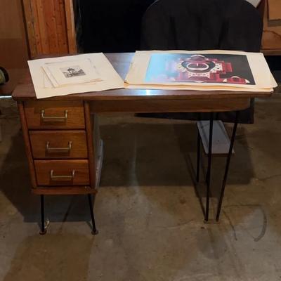 Mid-Century Modern 3 Drawer Wood Desk & Assorted Art Prints