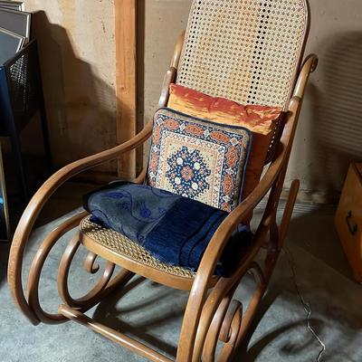 Woven Rattan Rocking Chair with Decorative Pillows 
