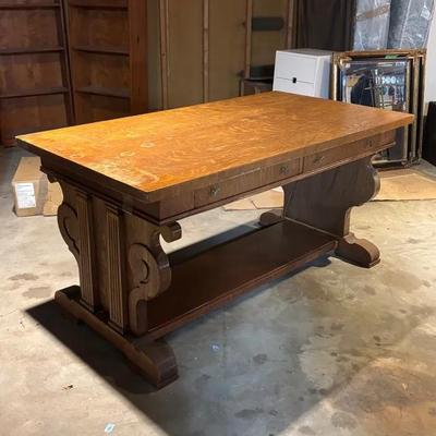 Heavy Solid Wood Trestle Style Dining Table With 2 Small Drawers