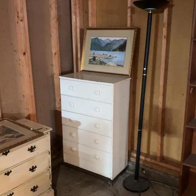 Shabby Chic White Painted Wood Dresser (6 Drawers) Framed MT Art & Floor Lamp