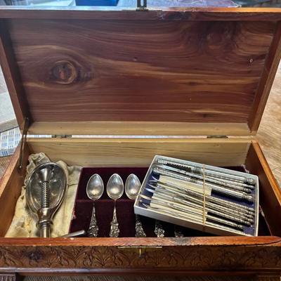Ornate Treasure Box W/ Sterling Silver Spoons, Vintage Nut Crackers
