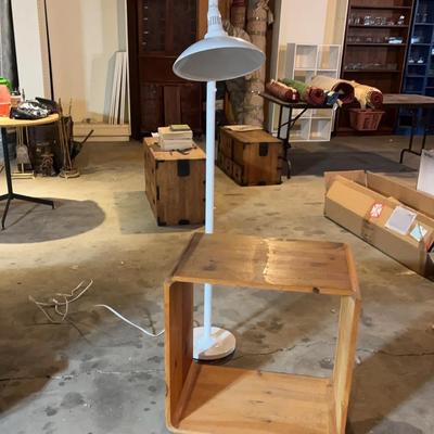 Pine Side Table/Nightstand & White Metal Floor Lamp