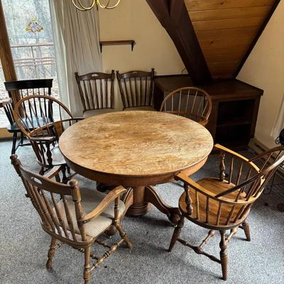 Round Wooden Dining Table On Wheels & 4 Wooden Dining Chairs