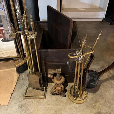 Vintage Brass Fireplace Tools, Vintage Wooden Box & Antique Jack