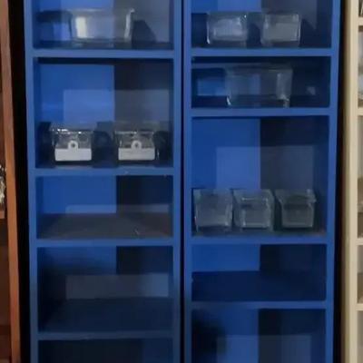 Two Blue MDF Bookcases With Assorted Laboratory Glass