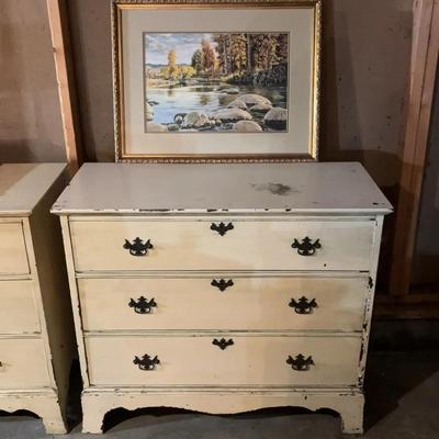 Vintage Abraham & Straus Dresser, Shabby Chic Style & Framed Robert Neaves River Print, MT Artist