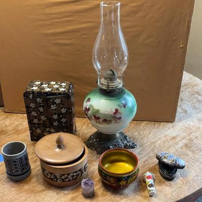Beautiful Vintage Decor: Decorative Boxes, Beaded Keychain, Painted Glass Oil Lamp, Jewelry Box, Etc